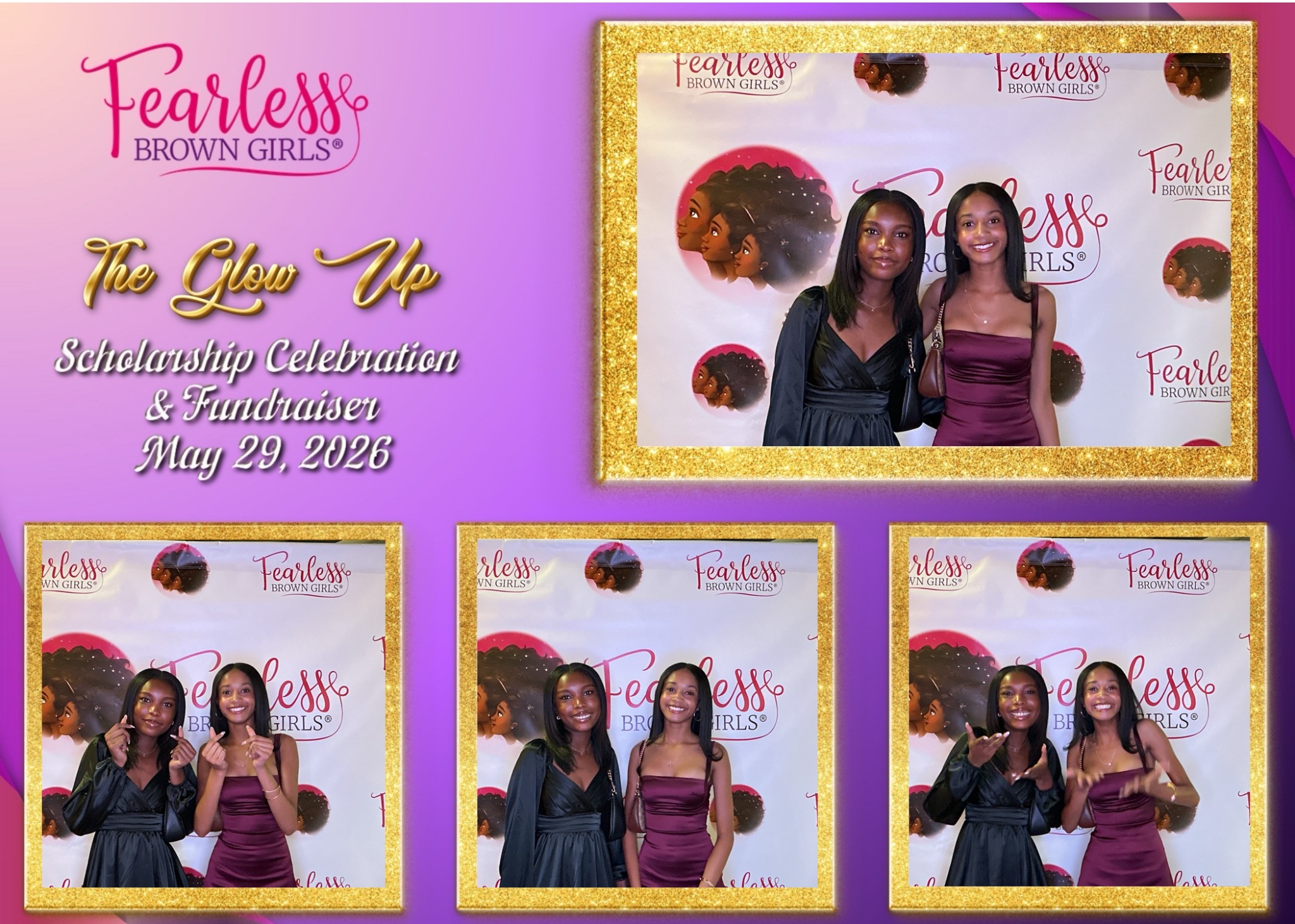 Celebration photo booth collage with a pink and gold custom overlay