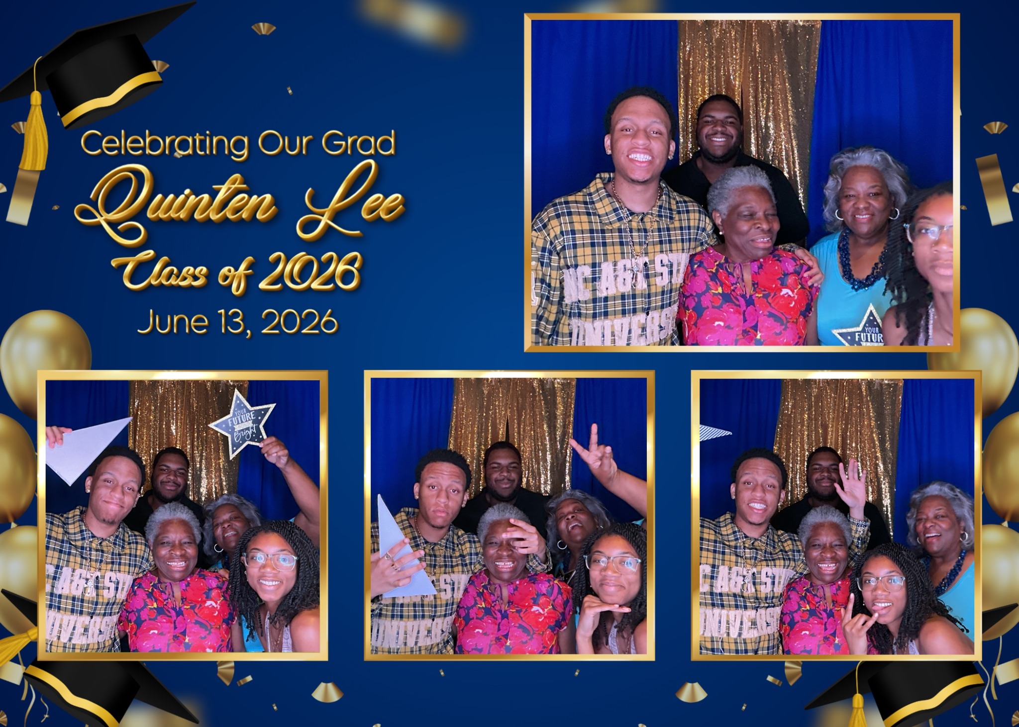 Family celebrating Quinten Lee's graduation in a blue and gold photo booth collage
