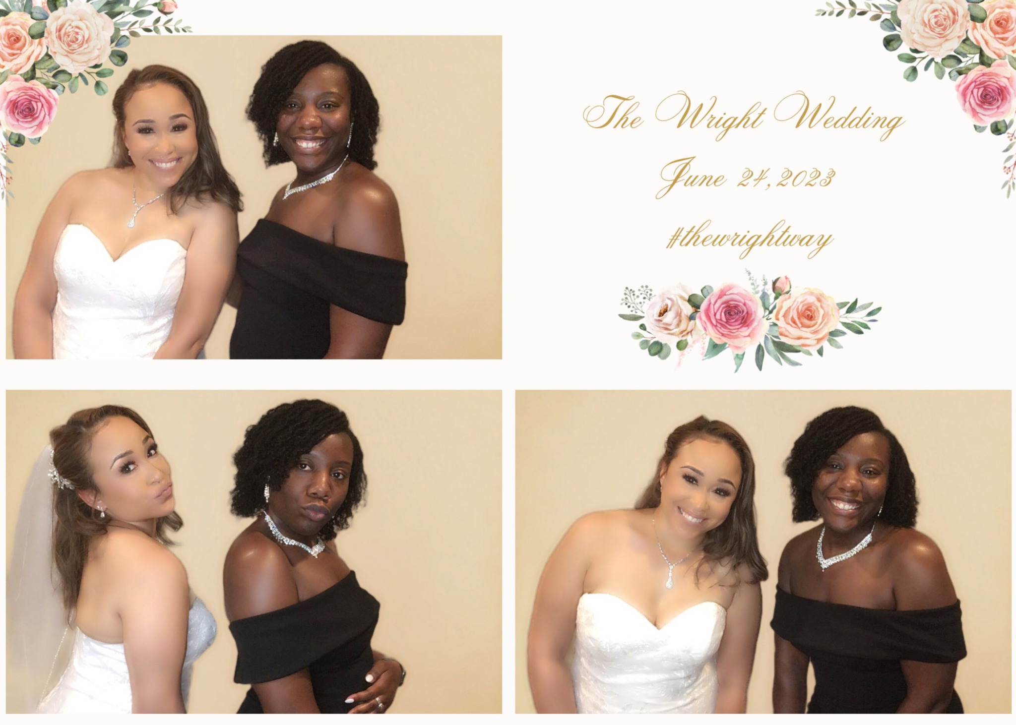 Wedding photo booth collage with a personalized floral overlay